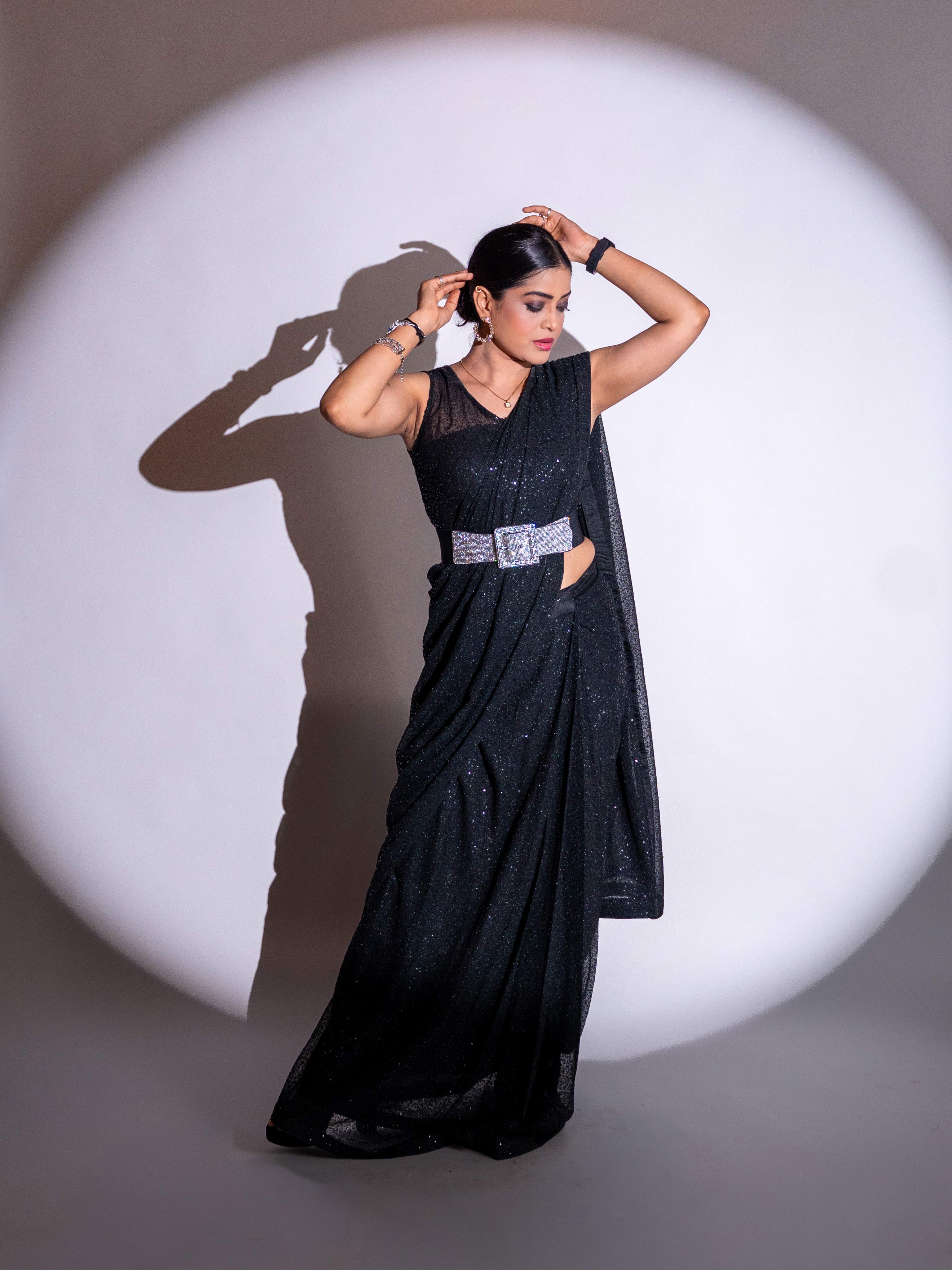 Black sequin embroidered georgette saree festive wear