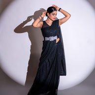 Black sequin embroidered georgette saree festive wear