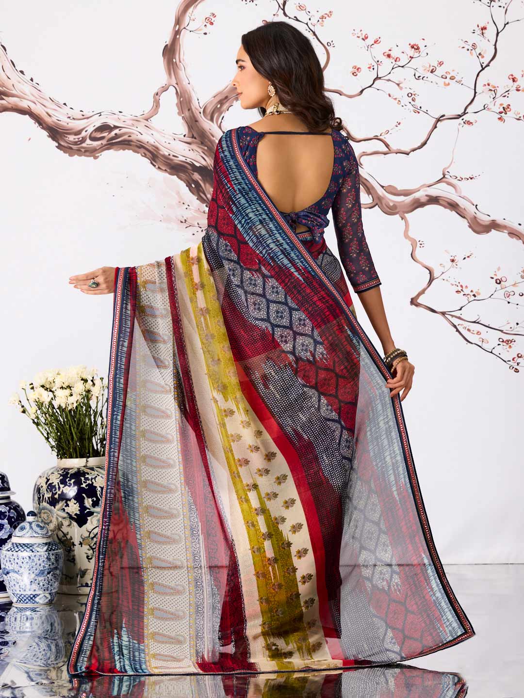 Multicolor striped geometric printed georgette saree casual wear