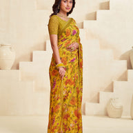 Yellow floral saree lightweight wear