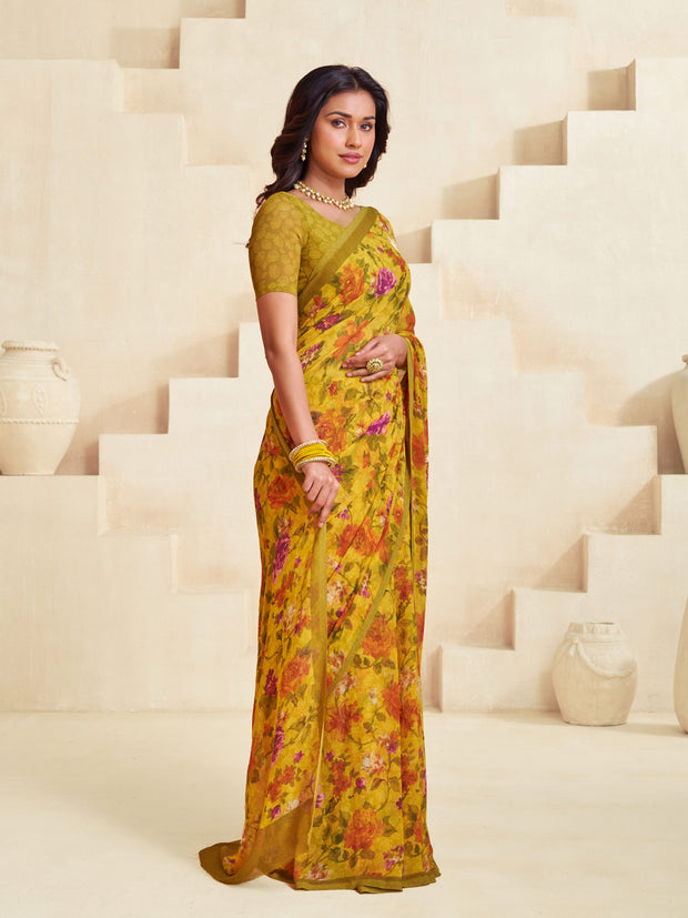 Yellow floral saree lightweight wear