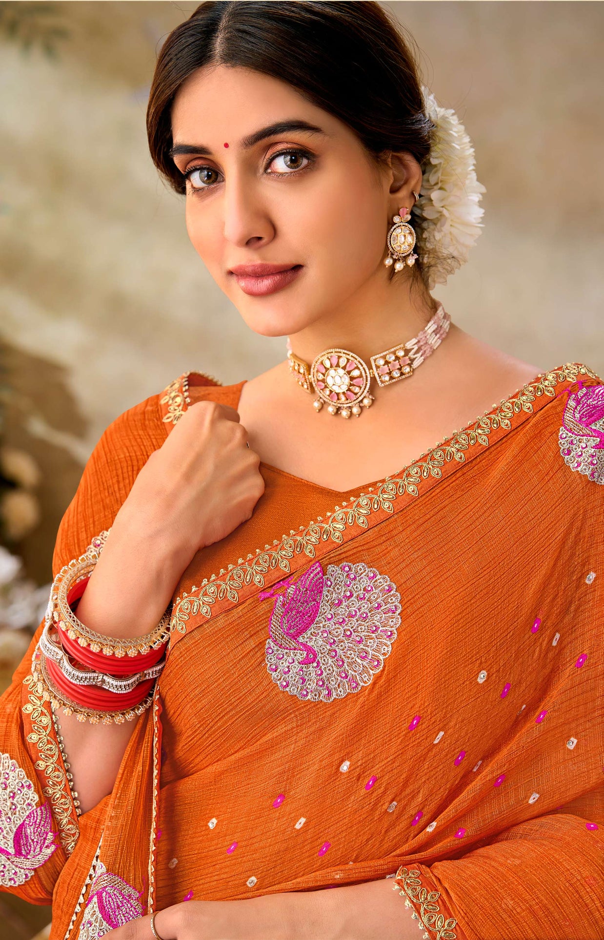 Orange embroidered chiffon saree daily wear