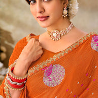 Orange embroidered chiffon saree daily wear