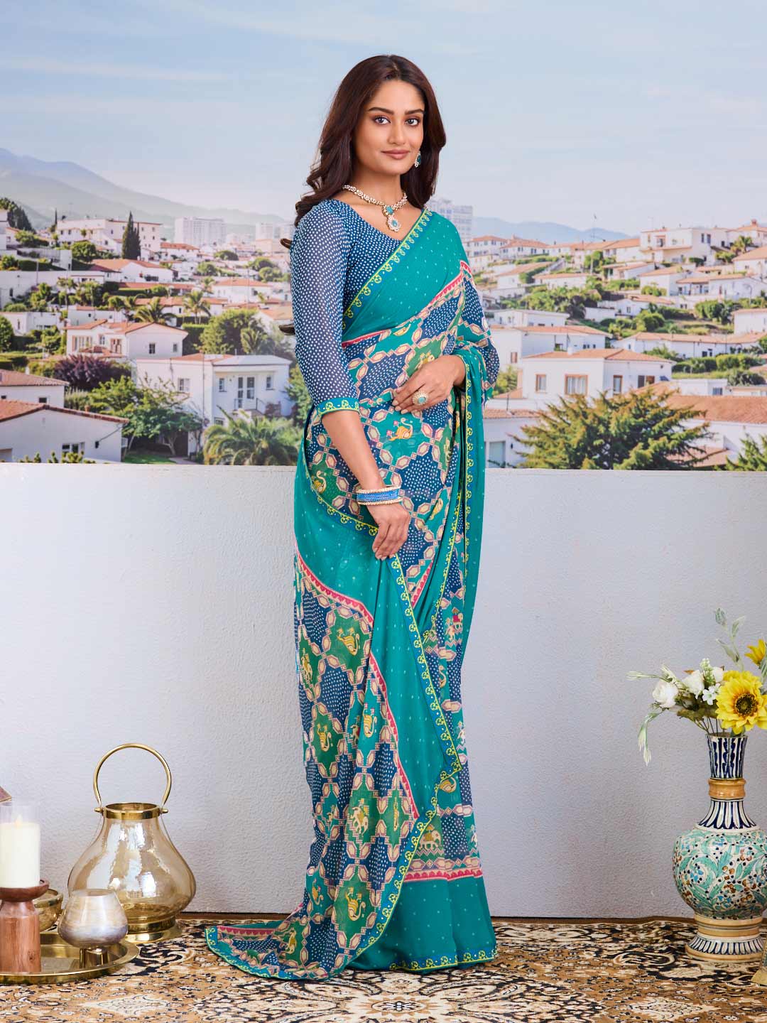 Stylish blue georgette saree