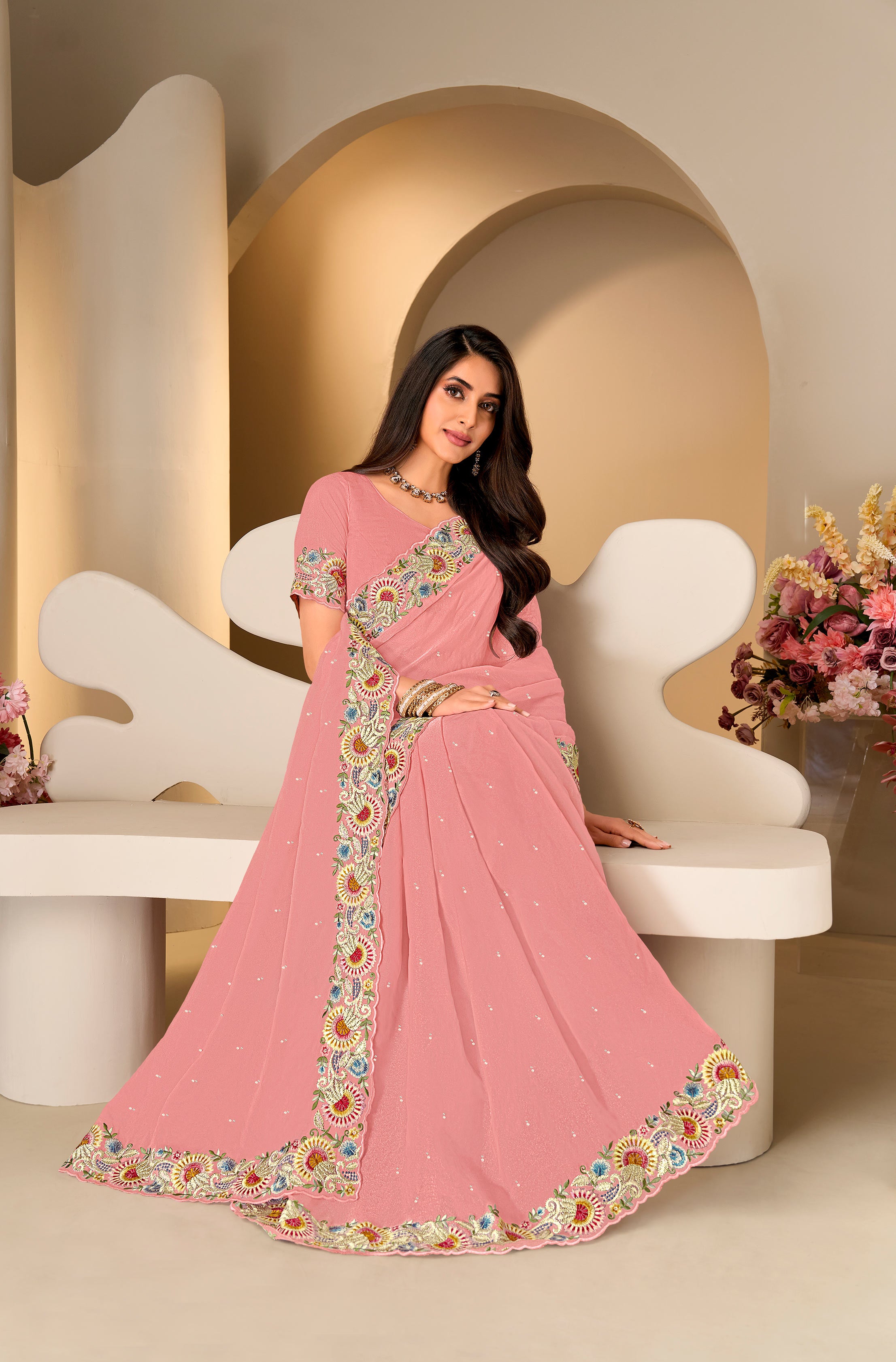 Pink floral embroidered Tiisue Organza saree festive wear