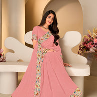 Pink floral embroidered Tiisue Organza saree festive wear