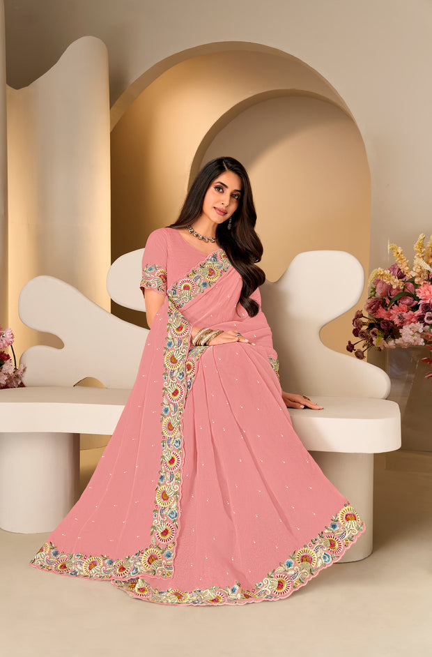 Pink floral embroidered Tiisue Organza saree festive wear