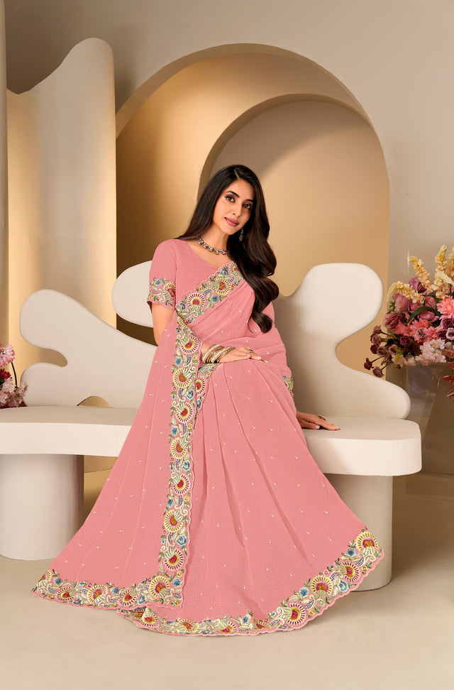 Pink floral embroidered Tiisue Organza saree festive wear