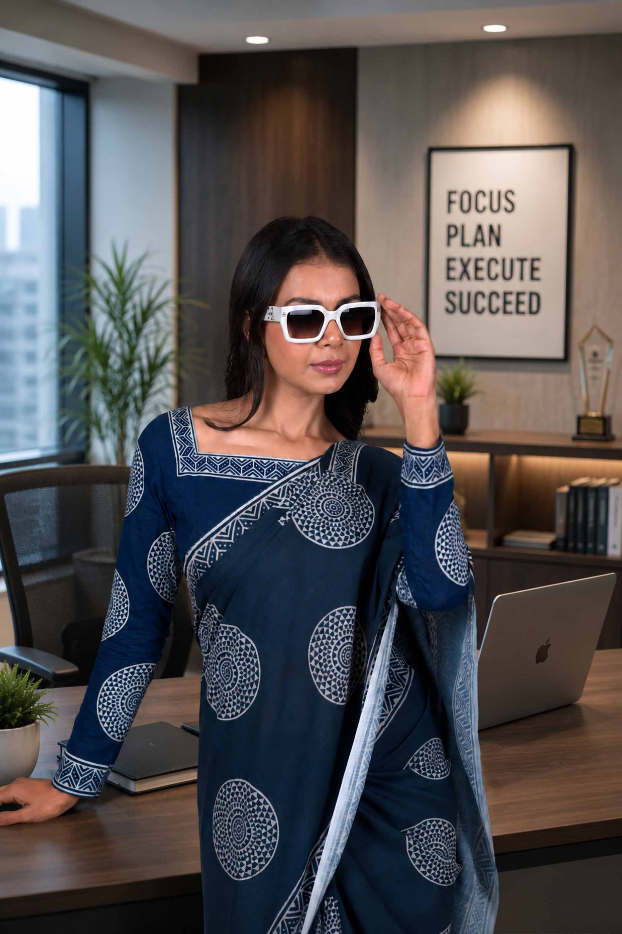 Blue geometric printed cotton blend saree work wear