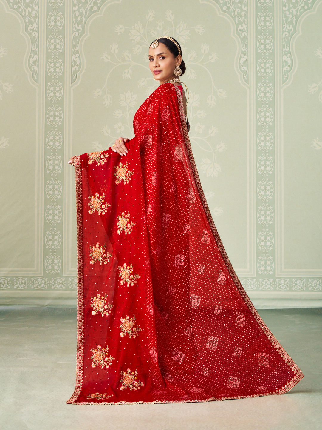 Red floral embroidered chiffon saree casual wear