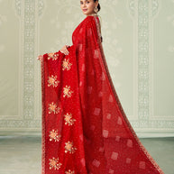 Red floral embroidered chiffon saree casual wear