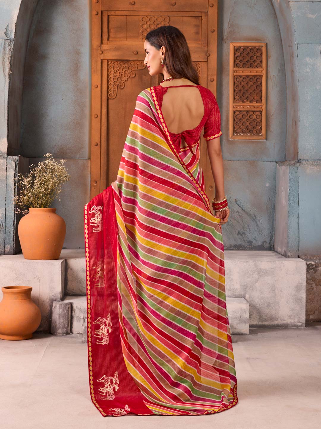 Red striped chiffon saree festive wear