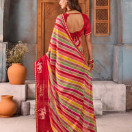 Red striped chiffon saree festive wear