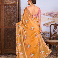 Orange floral embroidered chiffon saree festive wear