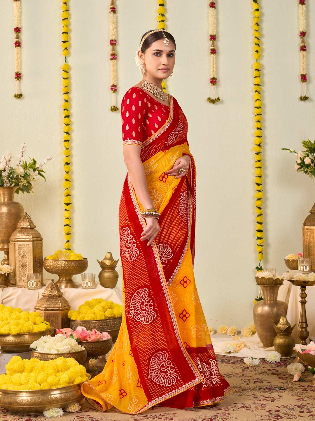 Yellow bandhani printed georgette saree wedding wear