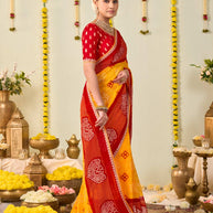 Yellow bandhani printed georgette saree wedding wear