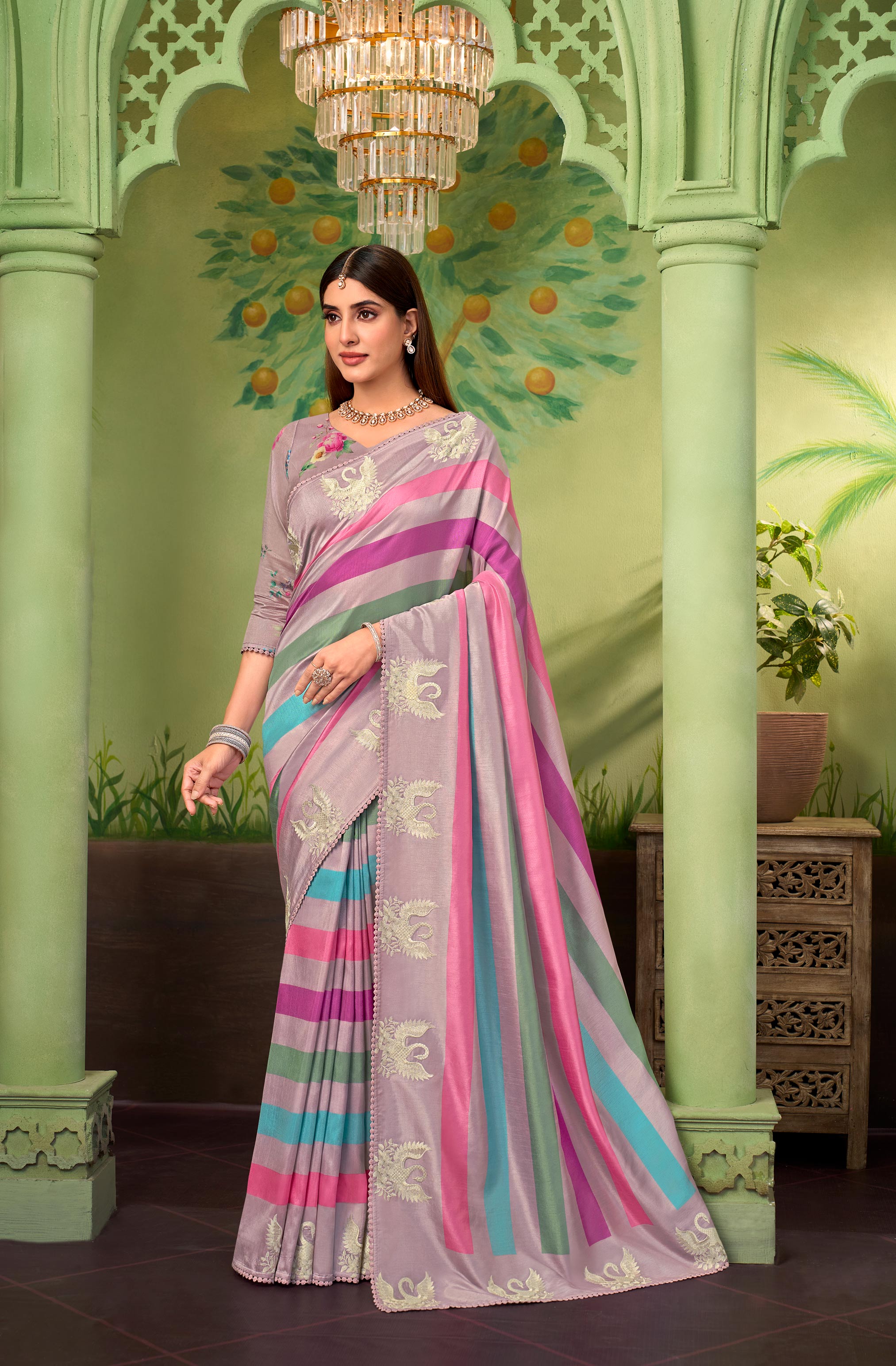 purple embroidered silk blend saree festive wear