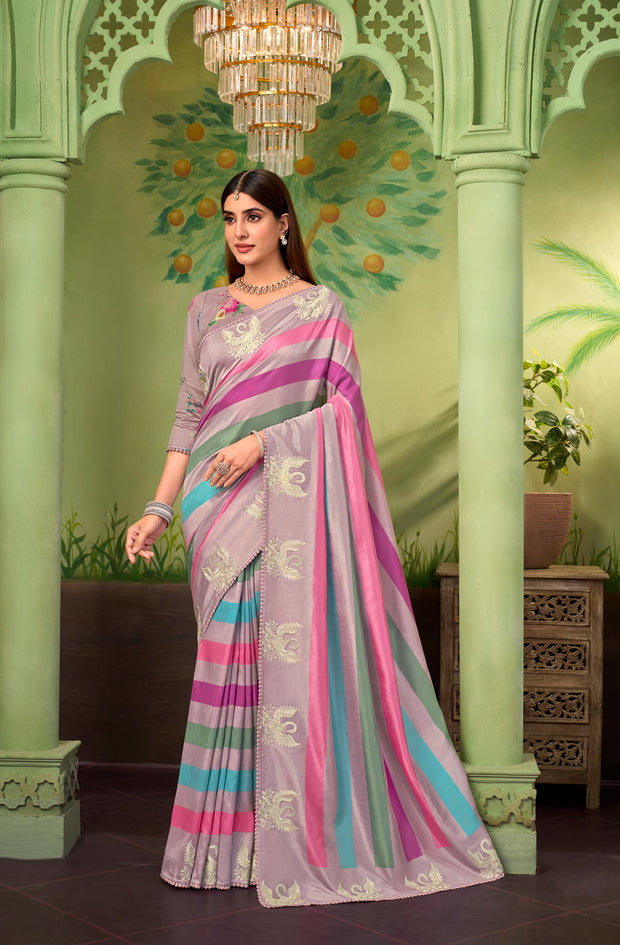 purple embroidered silk blend saree festive wear