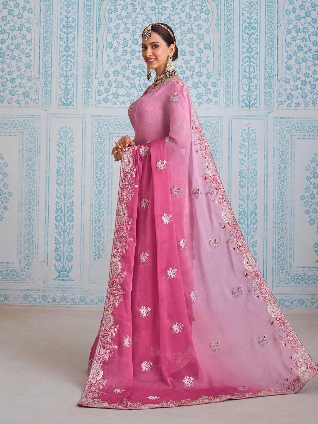 Laxmipati Aanya Pink Chiffon Embroidered Saree