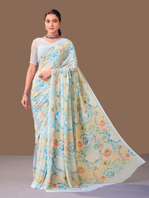 Laxmipati Dillagi Blue Georgette Floral Saree