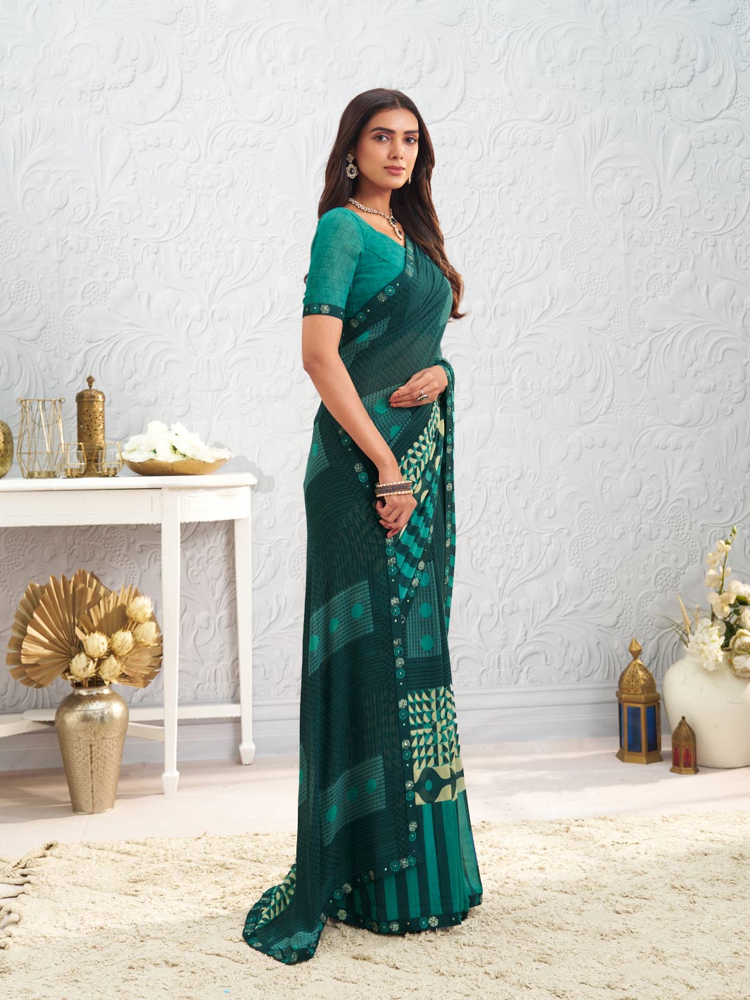 Green geometric printed georgette saree casual wear