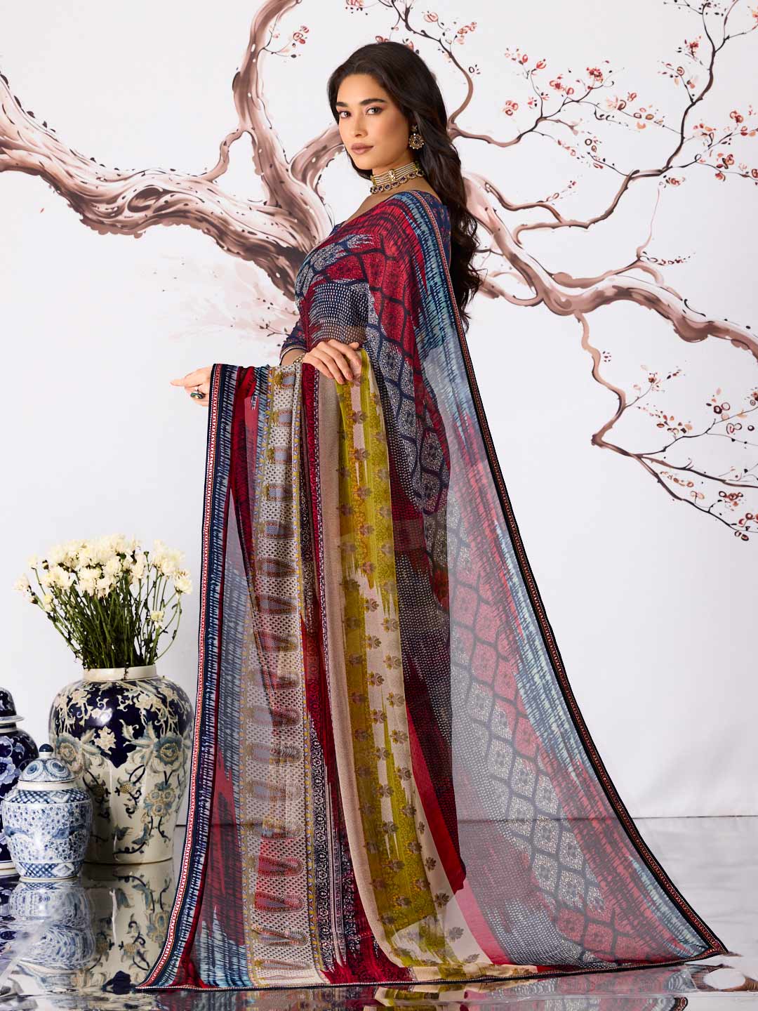 Multicolor geometric floral printed georgette saree party wear