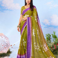 Olive Green floral printed chiffon saree festive wear 