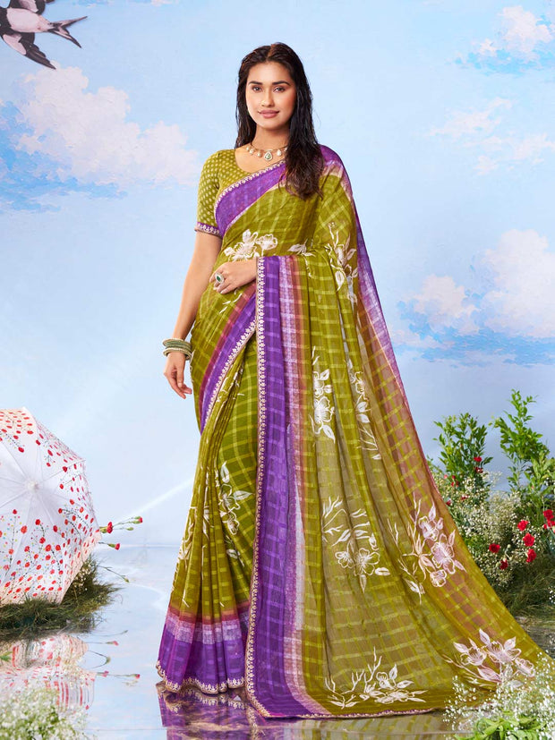 Olive Green floral printed chiffon saree festive wear 