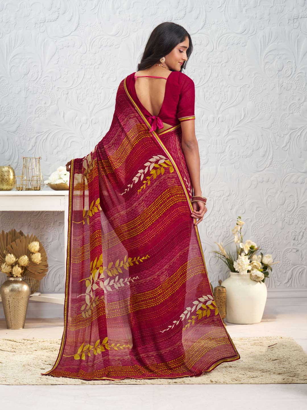 Pink floral printed georgette saree party wear