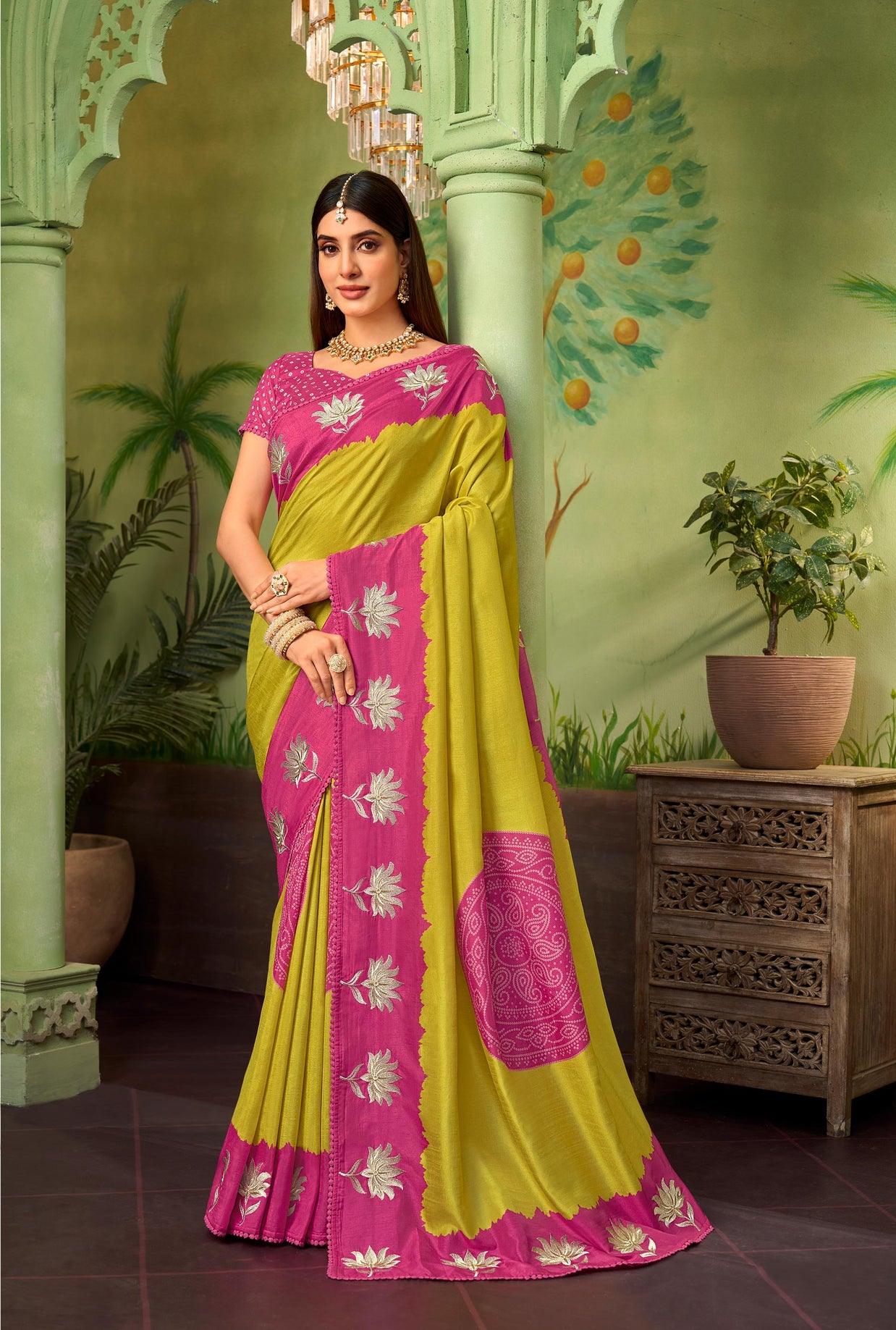 Mustard embroidered silk blend saree party wear