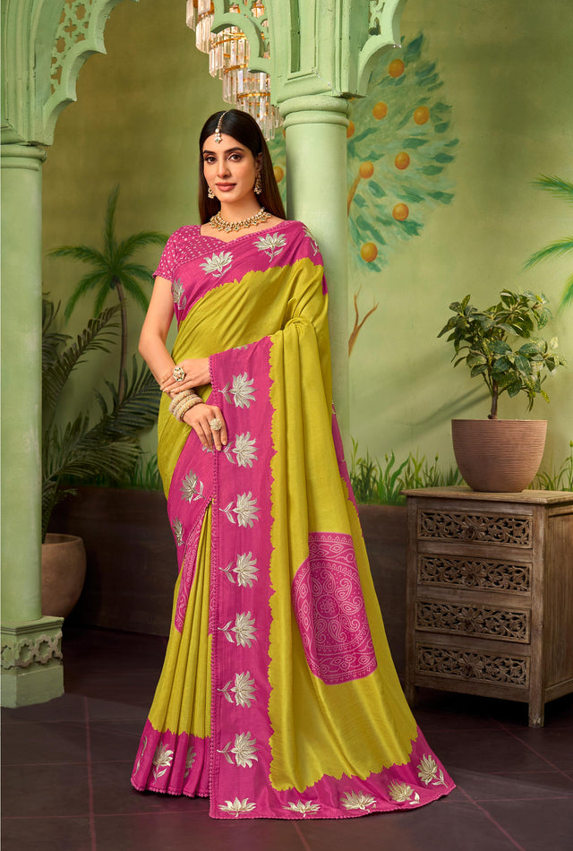 Mustard embroidered silk blend saree party wear