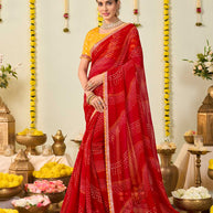 Red bandhani printed georgette saree festive wear