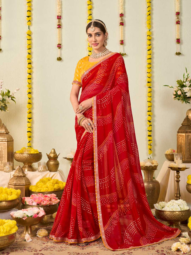 Red bandhani printed georgette saree festive wear