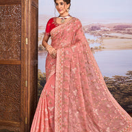 Pink floral embroidered chiffon saree festive wear