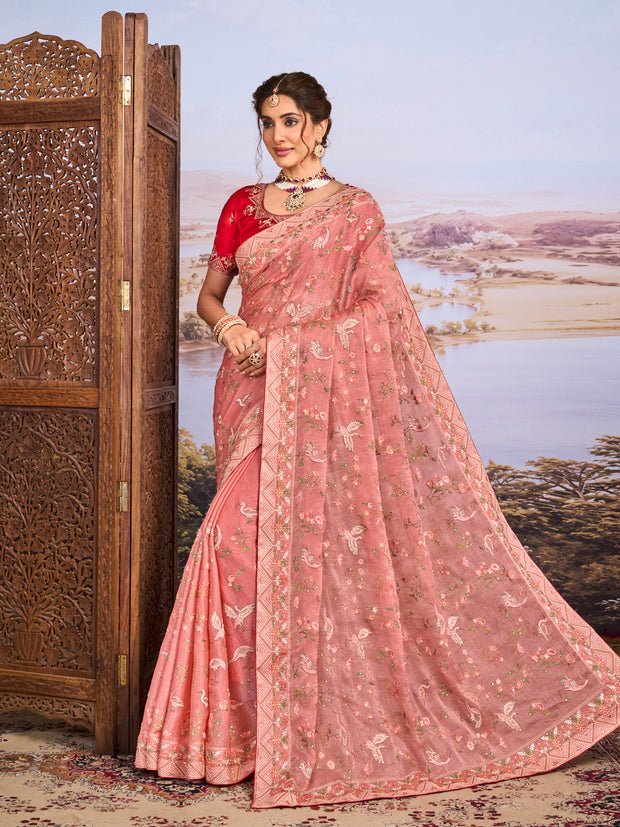 Pink floral embroidered chiffon saree festive wear
