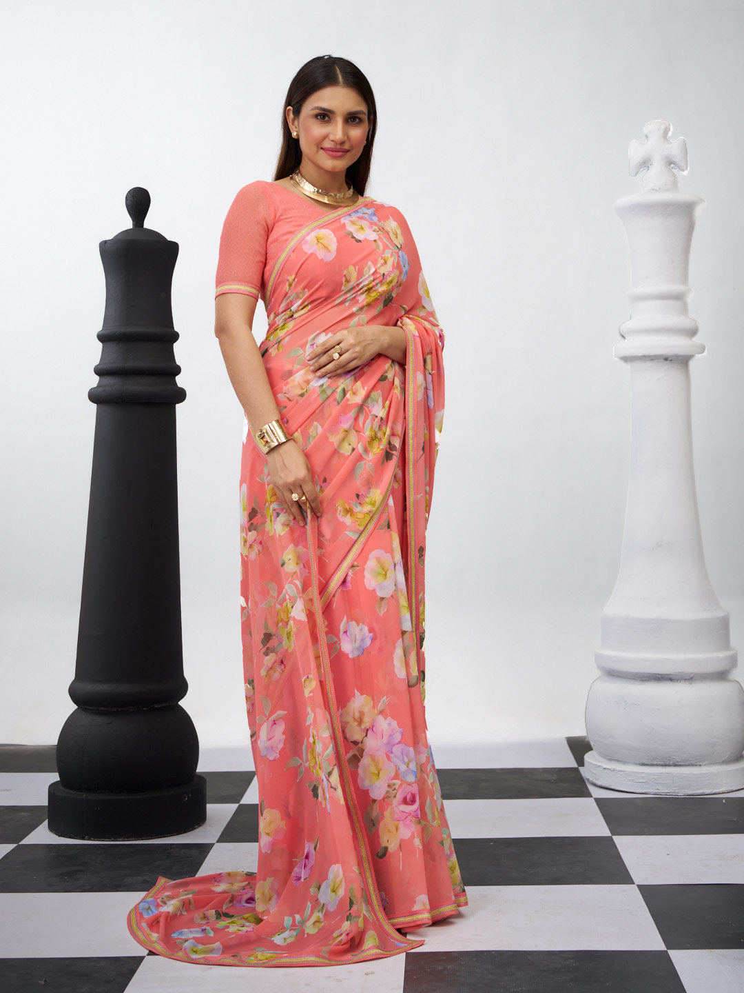 Peach floral saree lightweight style