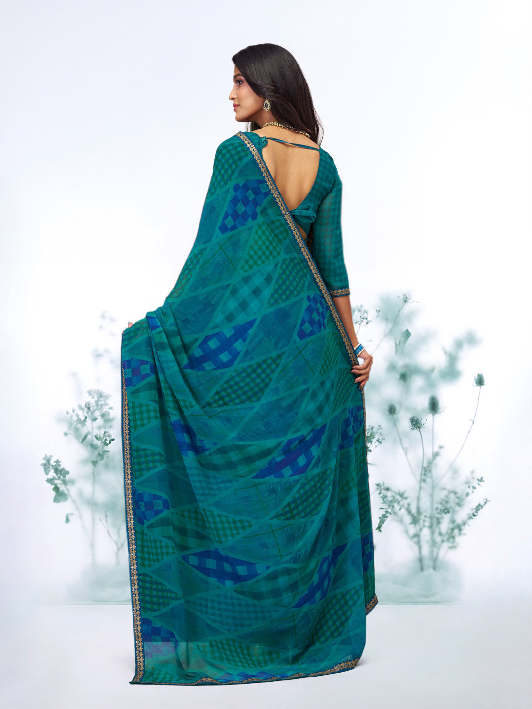 Blue geometric printed georgette saree party wear