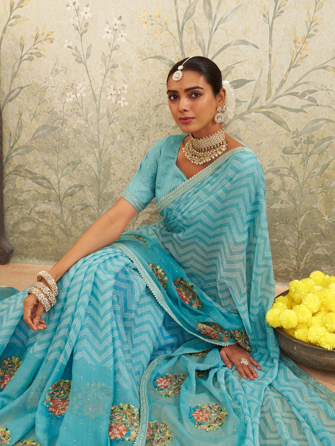 Blue floral embroidered chiffon saree wedding wear