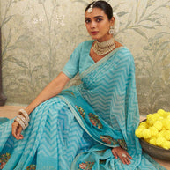 Blue floral embroidered chiffon saree wedding wear