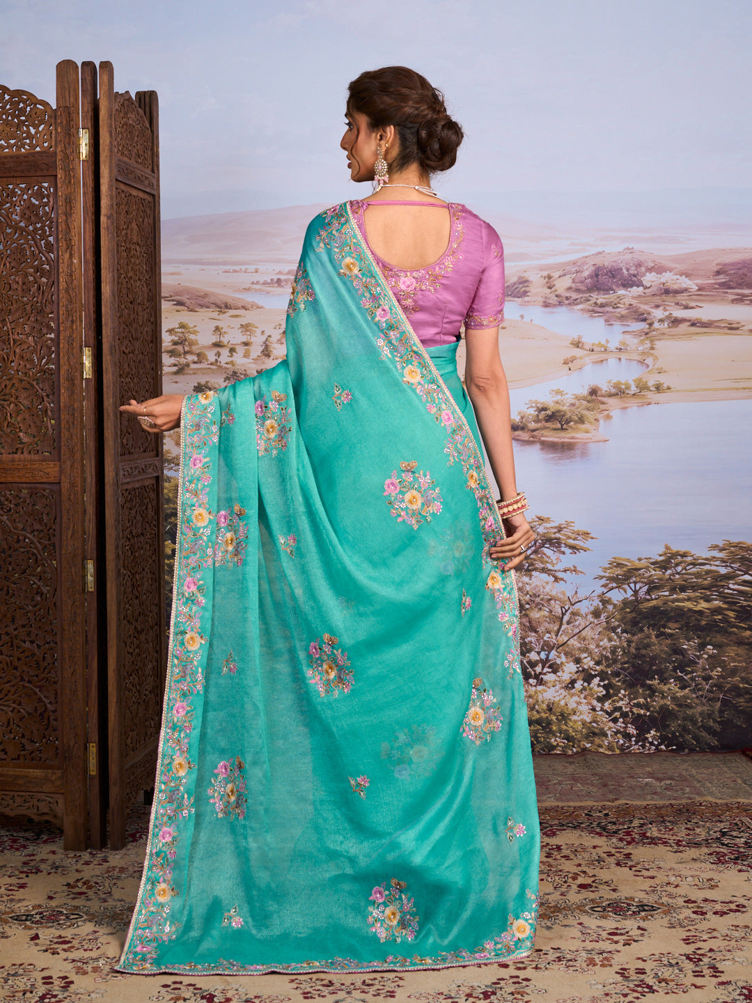 Blue floral embroidered silk blend saree party wear