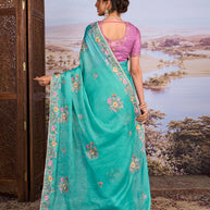 Blue floral embroidered silk blend saree party wear