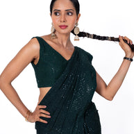 Green sequin embroidered georgette saree wedding wear
