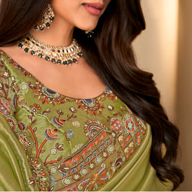 Green embroidered silk blend saree party wear