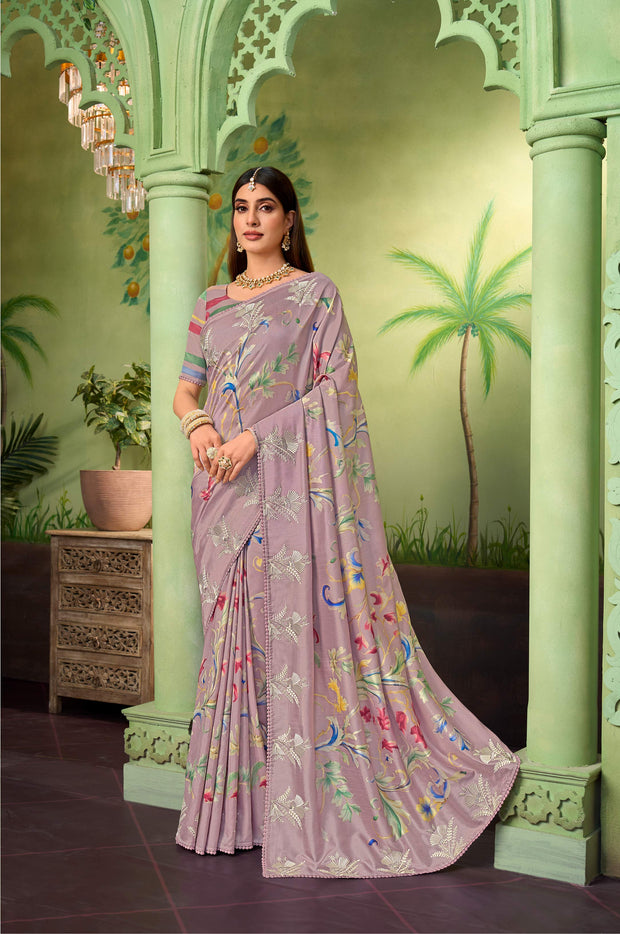 purple embroidered silk blend saree festive wear