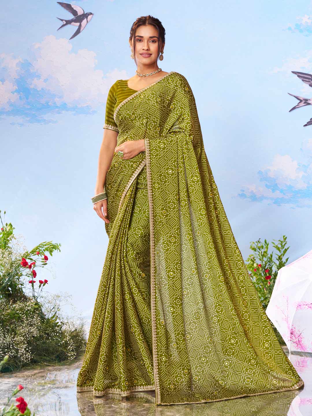 Green bandhani printed silk blend saree festive wear
