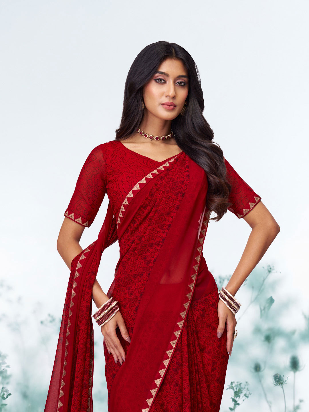 Red floral printed georgette saree wedding wear