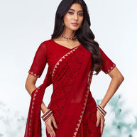 Red floral printed georgette saree wedding wear