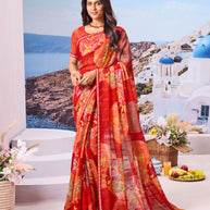 Red floral chiffon saree