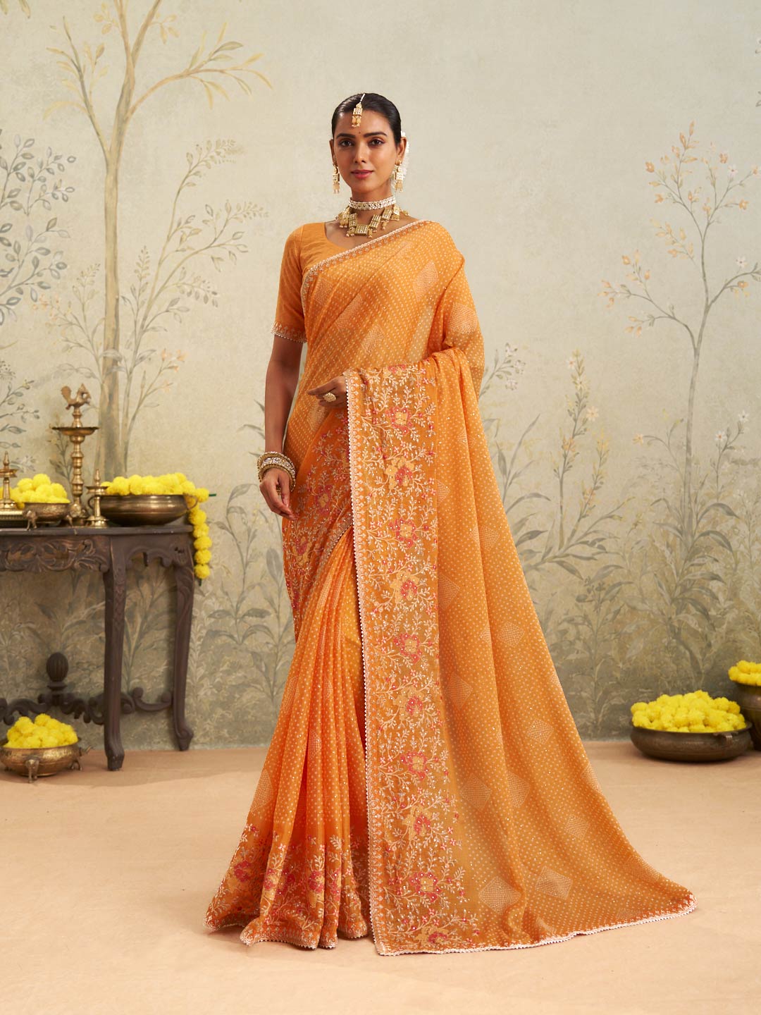 Orange floral embroidered chiffon saree party wear