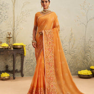 Orange floral embroidered chiffon saree party wear